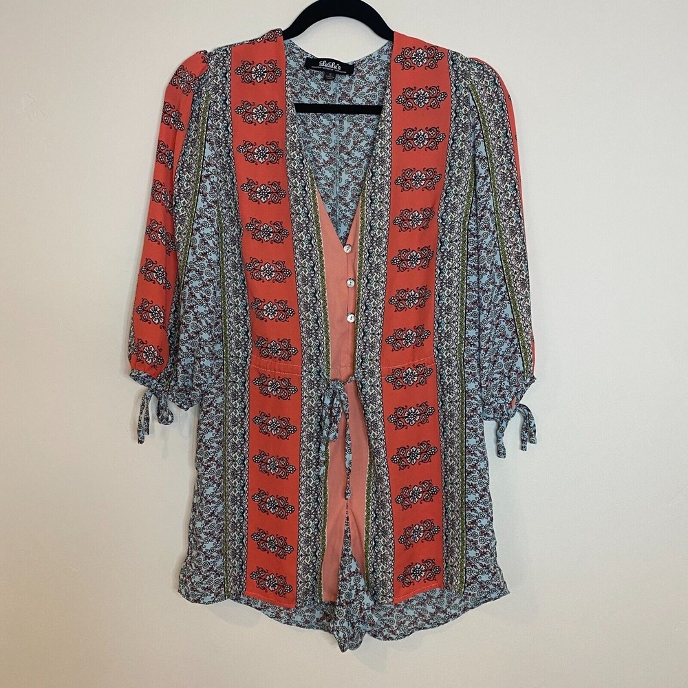 Lulus Womens Size Small Boho Colorful Floral Tie Sleeve Romper